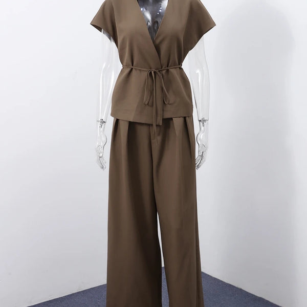 Lace Up Irregular Top Pants Suits Women Elegant V-neck Short Sleeve Belt Slim Tops High Waist Wide Leg Trousers Chic Ladies Sets