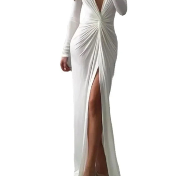 Women Maxi Dress Autumn 2023 New Fashion Sexy Slit V Neck Long Sleeve Solid Slim Pleated Evening Party Prom Dresses