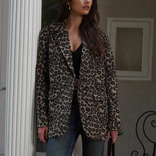 Vintage Leopard Women's Jacket Suit Casual Turndown Collar Women Coat Fashion V-neck Long Sleeve Jackets Autumn New Coats