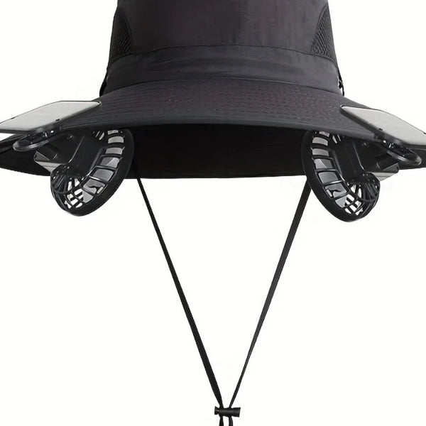 Solar Powered Cooling Fan Sun Hat Wide Brim UV Protection Bucket Hat With Dual Fans For Fishing Hiking Camping Outdoor