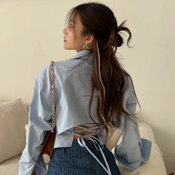 Gidyq Korean Bandage Shirt Women Fashion Backless Sexy Blouse Office Ladies Casual Slim Chic Turn Down Collar Long Sleeve Tops