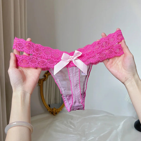 Sexy Lace Thongs for Women Low Waist G-String Panties Breathable Mesh Bow T-Back Femme Intimates Lingerie