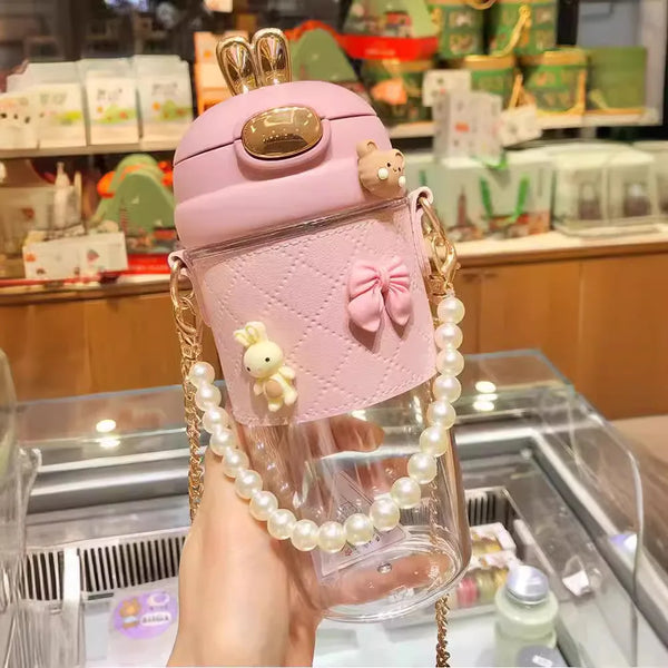 380ml/580ml Plastic water bottle for girls with leather sleeve strap straw Portable Leak-proof Anti Drop Sippy Cups for camping