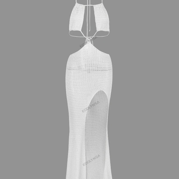 2026 Women Summer New White Knit Cut Out Backless Tie Side Slit Beach Maxi Dress Chic Hanging Neck Swimsuit Bikini Cover-ups K69
