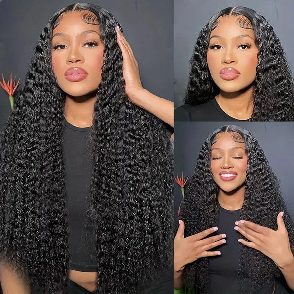 4x4 Water Wave Glueless Lace Front Wig Natural Color Deep Wave Human Hair Wig Pre plucked 5x5 Transparent Lace wig Ready to Wear