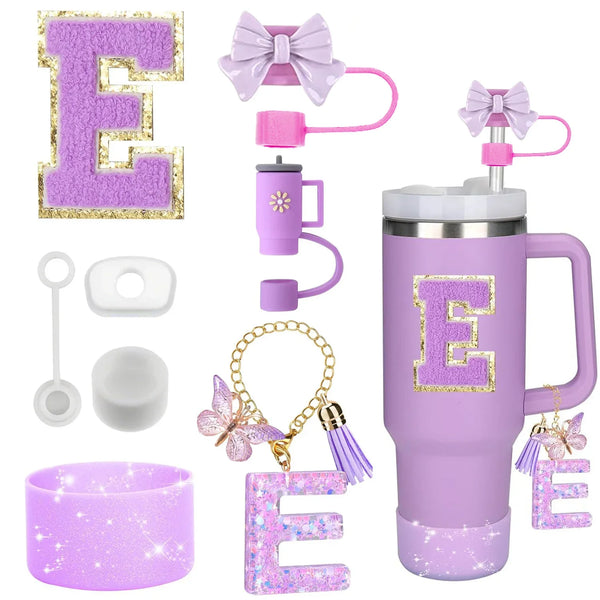 8PCS Accessories Set for Stanley Cup Purple 30oz 40oz tumbler Silicone Straw Topper Cover Cap Boot Handle Charm Initials Sticker