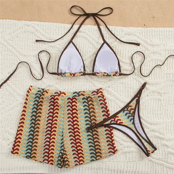 2026 Color Knitted Striped Swimwear Halter String Triangle Bikinis Sets 3 Pieces Shorts Bottom Micro Thong Sexy Swimsuit Women