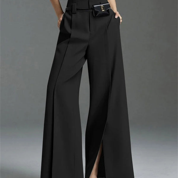 Yeezzi Urban Female Business Suit Pants 2025 New Fashion Black White Loose Straight Pant High-Waist Pleated Split-Front Trousers