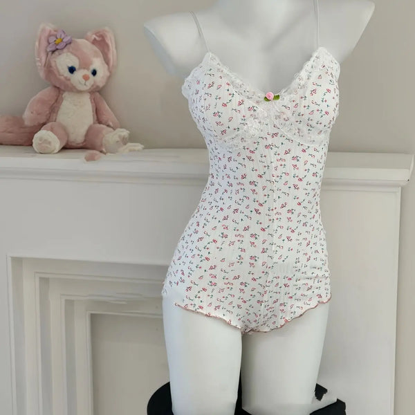 Women Sexy  Floral Print Bodysuit Lace Trim Sleeveless Slim Fit Leotard Summer Jumpsuit Romper Sexy Underwear Nightwear Lingerie