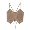 HH Female Summer Sexy Sling Tops Light Brown V-Neck Sleeveless Embroidery Lace-Up Decoration Women's Fashion Short Tops