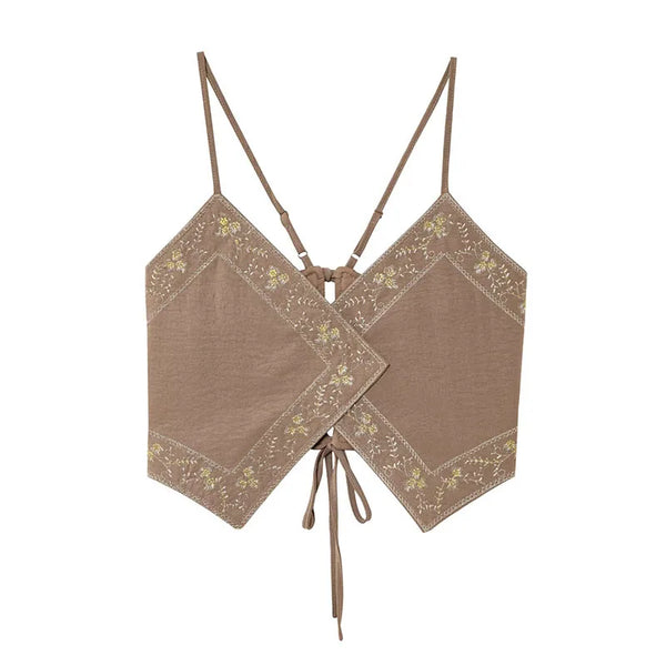 HH Female Summer Sexy Sling Tops Light Brown V-Neck Sleeveless Embroidery Lace-Up Decoration Women's Fashion Short Tops