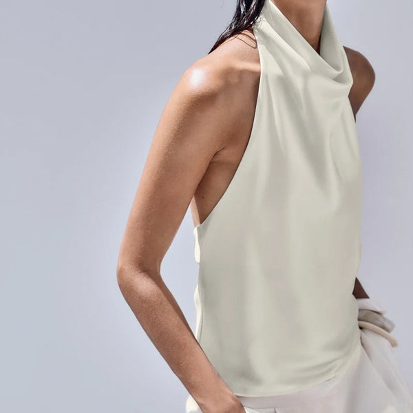 Women Backless Halter Crop Top Solid Satin Standup collar Slip Tank Top Casual Office Ladies Off Shoulder Evening Party Vests