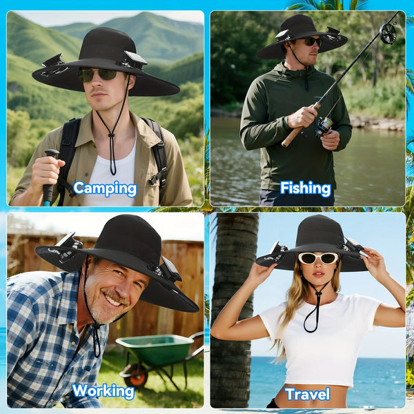 Dual Fan Solar Sun Hat, UPF50+ Wide Brim UV Protection Bucket Hat, Rechargeable Cooling Hat for Outdoor Fishing Hiking