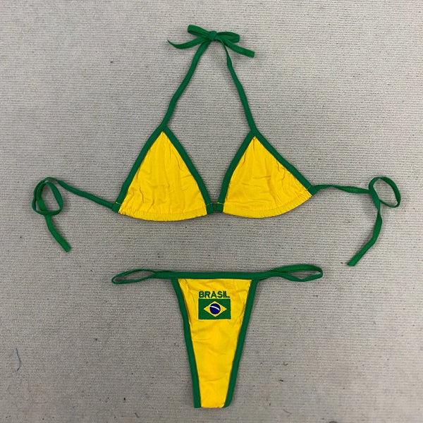 Women's Brasil Flag Print Bikini Set, Halter Triangle Top + Tanga Bottom, Brazilian Flag Two-Piece Swimwear, Y2K Beachwear