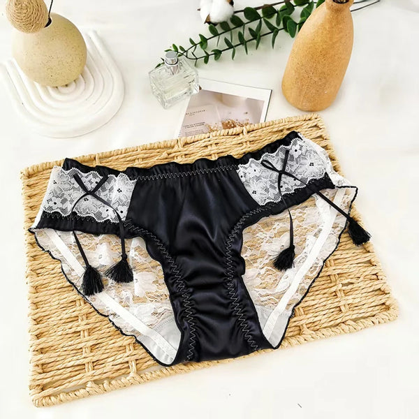 Women's Lace Satin Panties Sexy Low-Rise Briefs with Tassel Bow Transparent Breathable Cute Transparent Princess Thin Underwear
