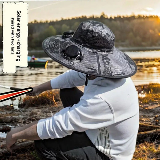 Fashion Solar Fan Hat Rechargeable USB Charging Fisherman Hat UPF 50+ with 2 Solar Fan Bucket Hat Outdoor