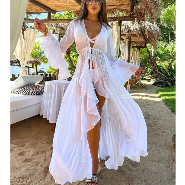 Women Swimsuit Cover Up Sleeve Beach Tunic Dress Robe De Plage Solid White Cotton Pareo High Collar Beachwear