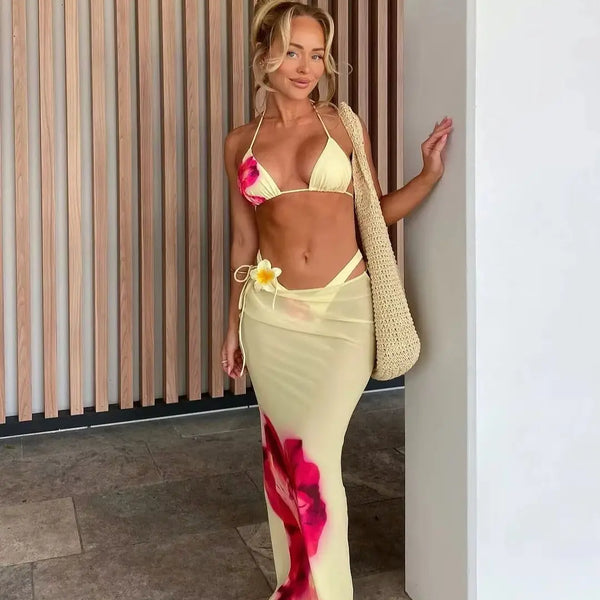 New Bikini Beach Skirt Tunics for Beach Long Leaves Print Bikini Cover up Robe de Plage Sarong Beach Swimsuit cover-ups