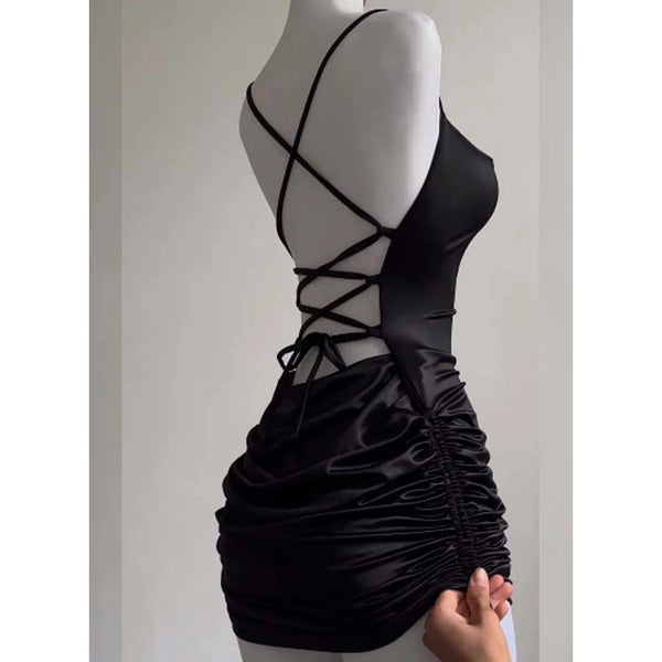 Sexy Sleeveless Backless Bodycon Mini Dress Women Summer Satin Lace Up Party Club Dresses Streetwear Evening Black Y2K 2025 Robe