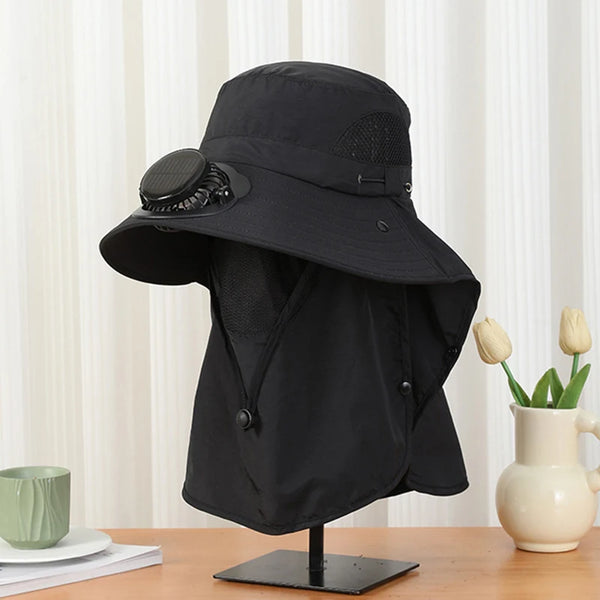 Men Fan Hat With Solar Panel Wide-Brimmed Shawl Fishing Hat Solar USB Charging UV-Protection Outdoor Hat