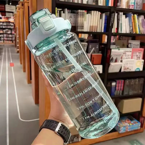 2L Water Bottle Portable Straw Plastic Water Cup for Outdoor Sports Fitness Adult High Value Big Fat Cup with Time Marker