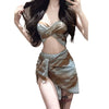 sexy Korean fashion blue tie dye print push up bikinis sets 3pcs with mesh cover skirt swimsuit sweet beach outfits biquini