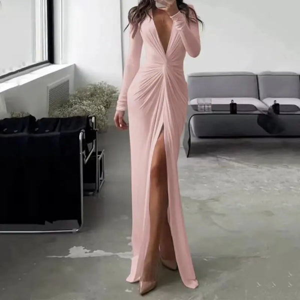 Women Maxi Dress Autumn 2023 New Fashion Sexy Slit V Neck Long Sleeve Solid Slim Pleated Evening Party Prom Dresses