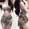 sexy Korean fashion blue tie dye print push up bikinis sets 3pcs with mesh cover skirt swimsuit sweet beach outfits biquini