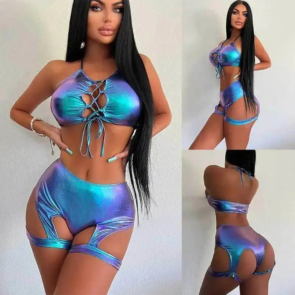 Electric Syllable Split Set Sexy Hollow Tank Top Laser Gold Plated Leg Ring Shorts Two Piece Bikini Set Suspenders Backless 8384