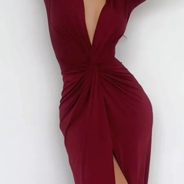 Women Maxi Dress Autumn 2023 New Fashion Sexy Slit V Neck Long Sleeve Solid Slim Pleated Evening Party Prom Dresses