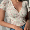 Summer French retro floral V-neck short-sleeved T-shirt Slim slimming wild high waist T-shirt women's top