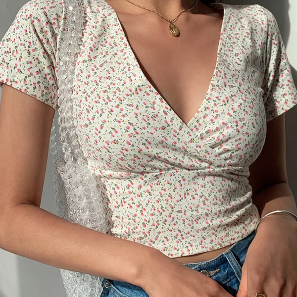 Summer French retro floral V-neck short-sleeved T-shirt Slim slimming wild high waist T-shirt women's top