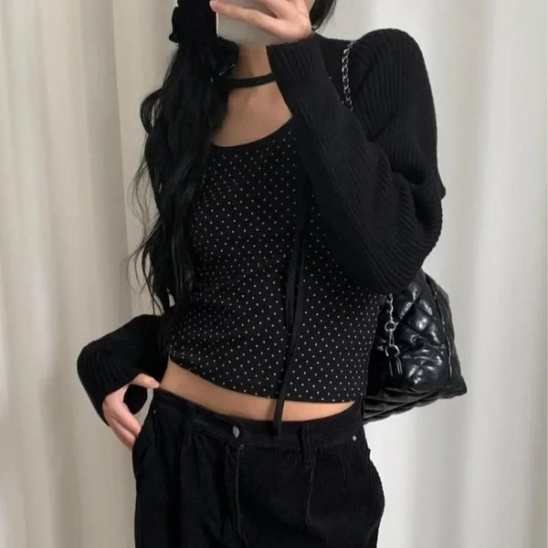 Matakawa Y2k Bandage T Shirt for Women Polka Dot Spring Autumn Korean Fashion Ropa De Mujer Sexy Vintage Slim Camisetas