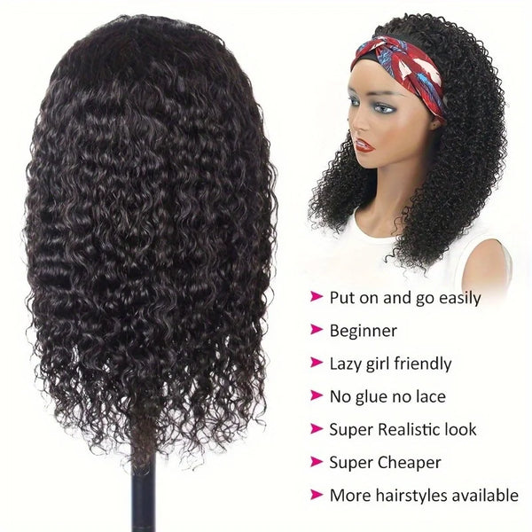 200% Density Human Hair Wig Short Headband Bob Wig Natural Black Short Curly Bob Cut Glueless Kinky Curly Headband Wig