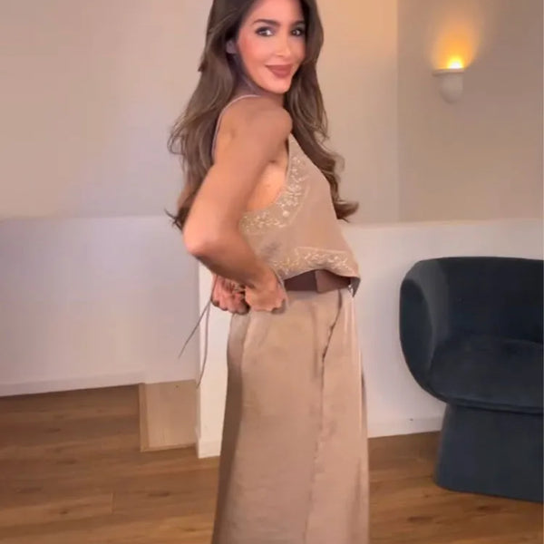 HH Female Summer Sexy Sling Tops Light Brown V-Neck Sleeveless Embroidery Lace-Up Decoration Women's Fashion Short Tops