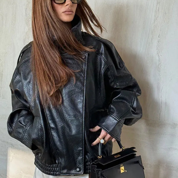 HH Autumn Faux Leather Jacket For Women Casual Solid Long Sleeve Zipper Pu Leather Coats New Fashion Female Streetwear