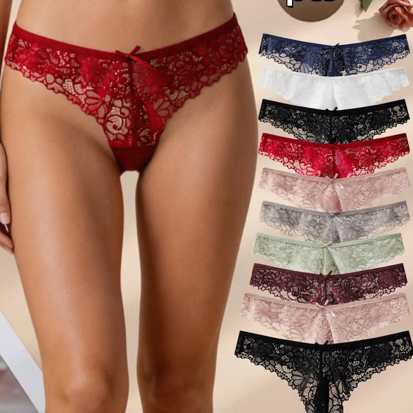 10Pcs Women's Floral Lace Panties Sexy Bow Decor Low Rise Underwear Soft Breathable Panties, Ideal for Daily Wear,  Gym, Parties