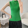 Miyake Pleated Elegant Fashion Temperament Solid Color Half High Neck Sleeveless Women's Vest 2023 Summer New Breathable Top