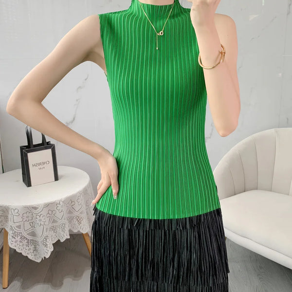 Miyake Pleated Elegant Fashion Temperament Solid Color Half High Neck Sleeveless Women's Vest 2023 Summer New Breathable Top