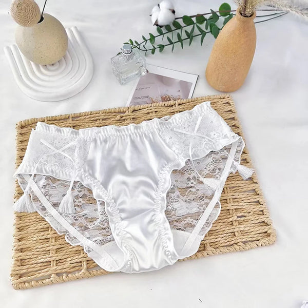 Women's Lace Satin Panties Sexy Low-Rise Briefs with Tassel Bow Transparent Breathable Cute Transparent Princess Thin Underwear