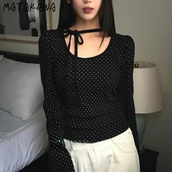 Matakawa Y2k Bandage T Shirt for Women Polka Dot Spring Autumn Korean Fashion Ropa De Mujer Sexy Vintage Slim Camisetas