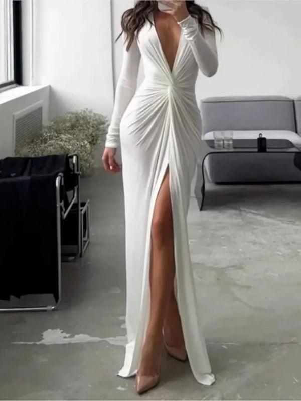 Women Maxi Dress Autumn 2023 New Fashion Sexy Slit V Neck Long Sleeve Solid Slim Pleated Evening Party Prom Dresses