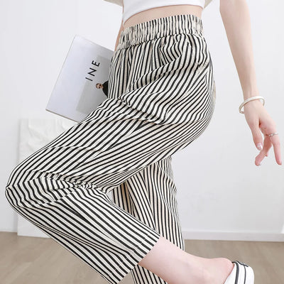 Women's Casual Vertical Striped Comfortable Breathable Elastic Waist Belted Daily Wear Casual Tapered Crop Pants With Pockets