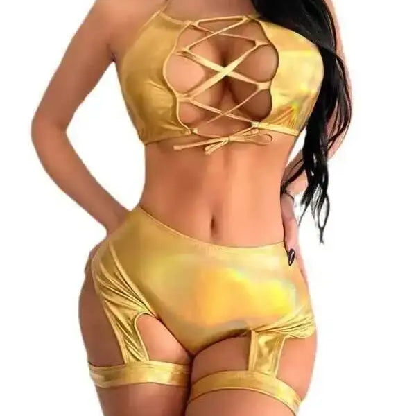 Electric Syllable Split Set Sexy Hollow Tank Top Laser Gold Plated Leg Ring Shorts Two Piece Bikini Set Suspenders Backless 8384