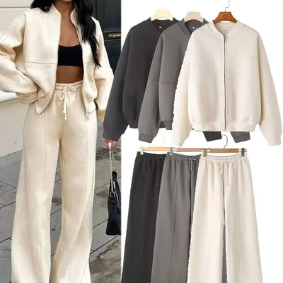 HH Women's Fall 2-Piece Retro Solid Color Zip Bomber Jacket Sweatshirt+High Waist Lace Up Women's Wide Leg Pants Street Wear