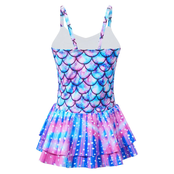 Kids Girls One-piece Swimsuit Mermaid Fish Scales Print Leotard Ruffle Jumpsuit Surfing Bathing Suit Beachwear Swim Rash Guard