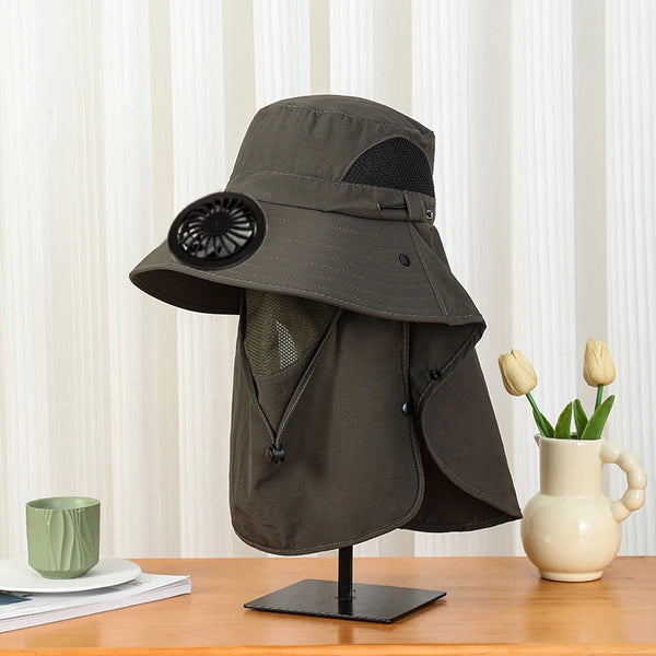 Men Fan Hat With Solar Panel Wide-Brimmed Shawl Fishing Hat Solar USB Charging UV-Protection Outdoor Hat