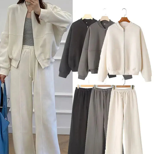 HH Women's Fall 2-Piece Retro Solid Color Zip Bomber Jacket Sweatshirt+High Waist Lace Up Women's Wide Leg Pants Street Wear