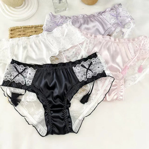 Women's Lace Satin Panties Sexy Low-Rise Briefs with Tassel Bow Transparent Breathable Cute Transparent Princess Thin Underwear