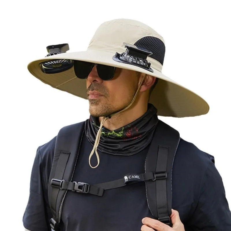 Solar Fan Hat Wide Brim Solar Fan Outdoor Fishing Hats Strap 2 Fans Waterproof Outdoor Hiking Camping Fishing Hat Hats for Women